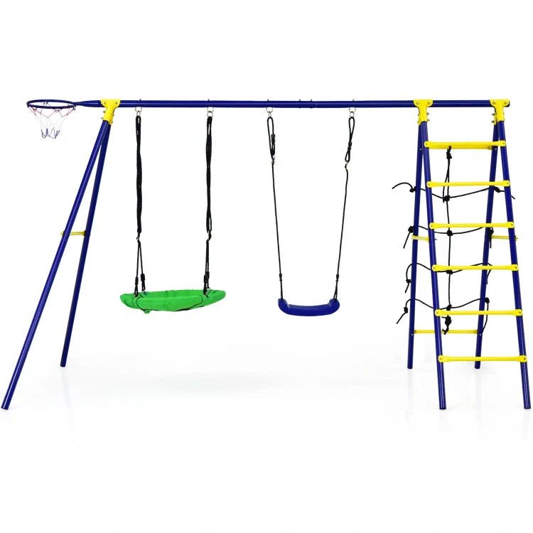 5-in-1-outdoor-kids-swing-set-with-a-shaped-metal-frame-and-ground-stake Ultimate 5-In-1 Outdoor Kids Swing Set with Sturdy A-Frame Metal Construction and Secure Ground Stakes - Image 1
