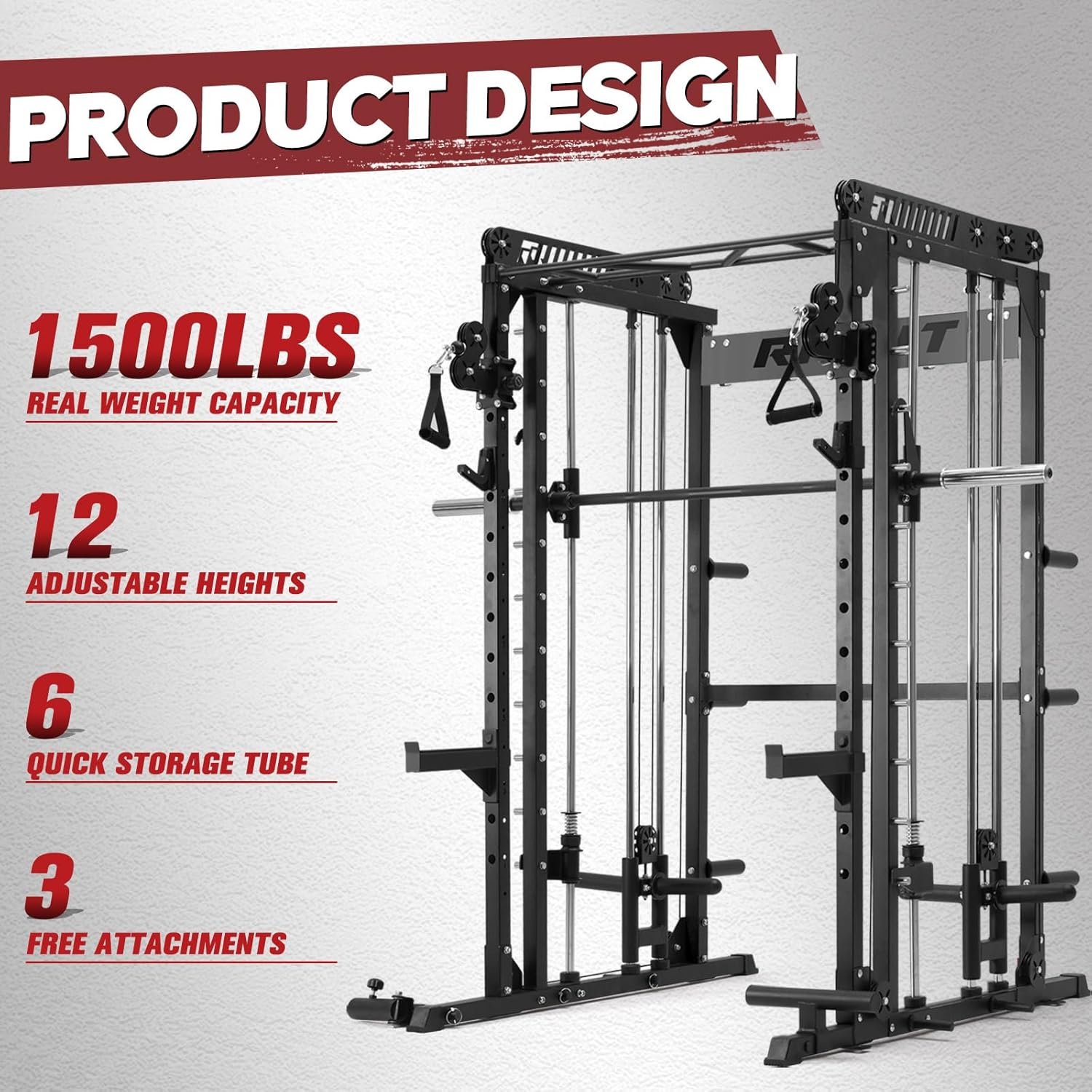 81T8euyzMSL._AC_SL1500_9c7bf64b-87c6-43b5-b23a-37c67f4839d1 Pro Smith Machine with Cable Crossover, Multi-Function Squat Rack for Home Gym - Image 1