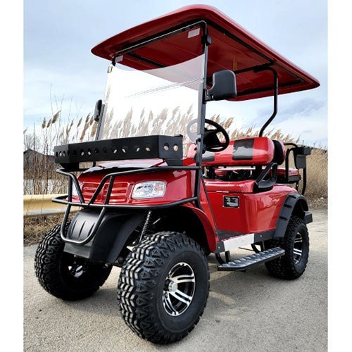eMACHINE-RED_a_d3a38c72-fc37-4dce-b8cd-c913c394338a New 48v Electric Golf Cart Lifted & Loaded eMACHINE – RED Street Ready Light Package & Flip Seat - Image 1